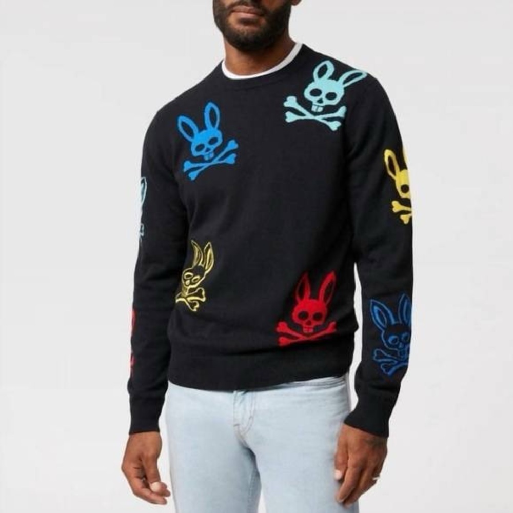 Psycho Bunny Men's Black Sweater with Colorful Skull Design